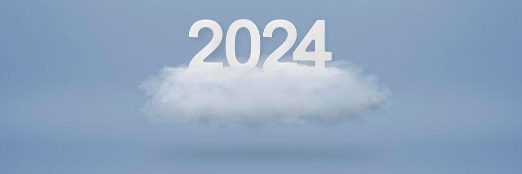 Happy New Year 2024 greeting template. Festive 3d banner with white numbers 2024 on white cloud and blue background. Festive poster,calendar or banner design