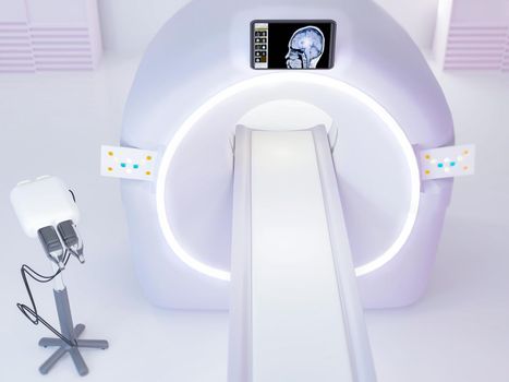 multi detector CT Scanner or Computed Tomography in CT-SCAN Room with Injector. 3D illustration.