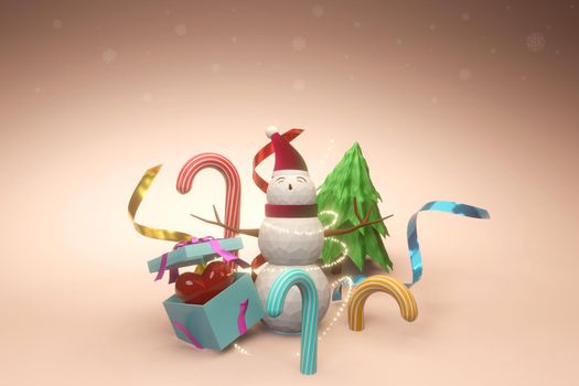 3d render image of christmas tree design for christmas holiday with snowman,candy,ribbon and gift box.