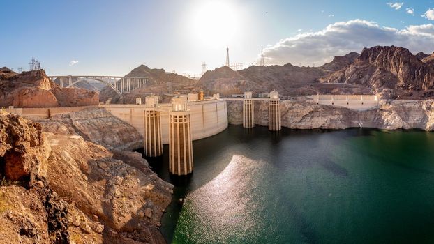 Panoramic view of Hoover Dam, summer drought