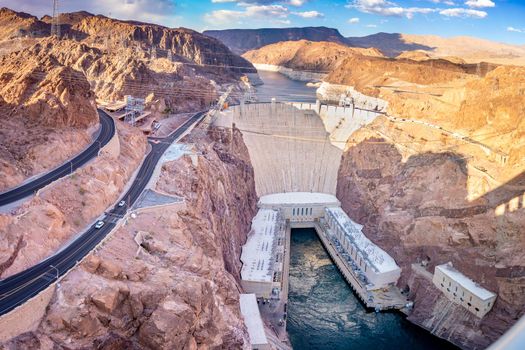 Panoramic view of a sunset at the Hoover Dam, from the memorial bridge