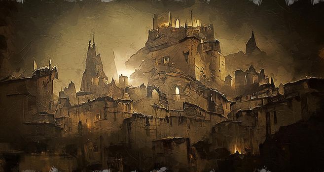 Medieval Town Concept.Digital Painting, Oil Paint Effect.