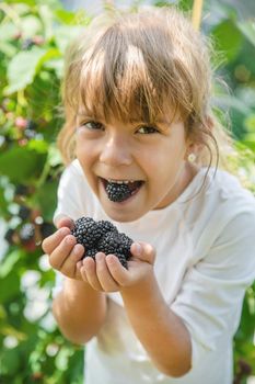 The child holds blackberries in the hands. Selective focus.