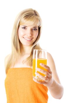 Beautiful woman after bath with orange juice isolated on white