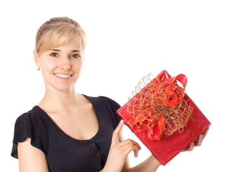 Attractive young woman with red gift box, isolated on white