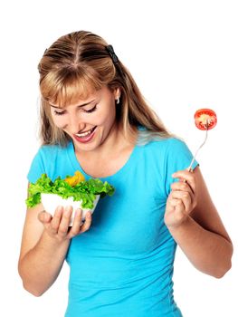 Woman with boul of salad and tomato, isolated on white.