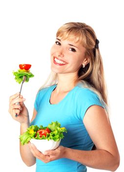 Woman with plate of salad and tomato, isolated on white.