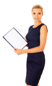 Business woman taking document, notebook for notes, isolated on white.