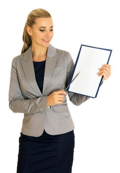 Business woman taking document, notebook for notes, and points at something with a pencil, isolated on white.