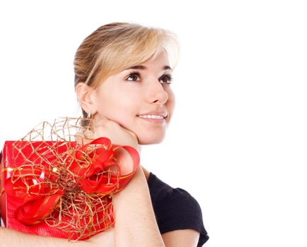 Attractive young woman with red gift box, isolated on white