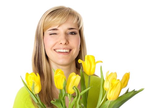 Smiling woman with bouquet of tulips on isolated white