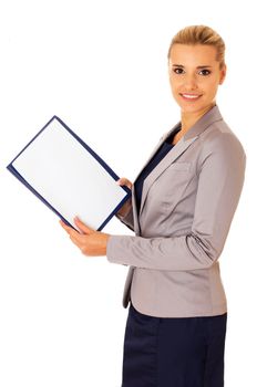 Business woman taking document, notebook for notes, isolated on white.