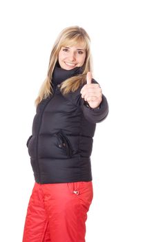 Female wearing a red winter jacket showing ok sign, isolated on white