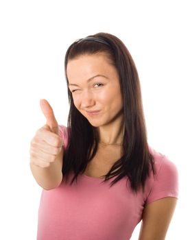 Smiling young blond woman showing thumbs up, isolated on white