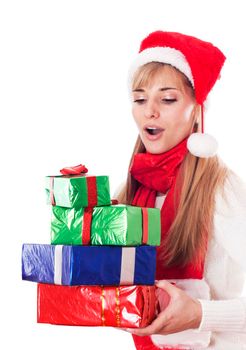 Surprised young woman with gifts, isolated on white background.