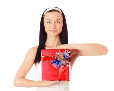 Attractive young woman with red gift box, isolated on white.