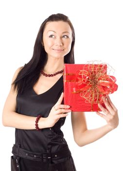 Attractive young woman with red gift box, isolated on white