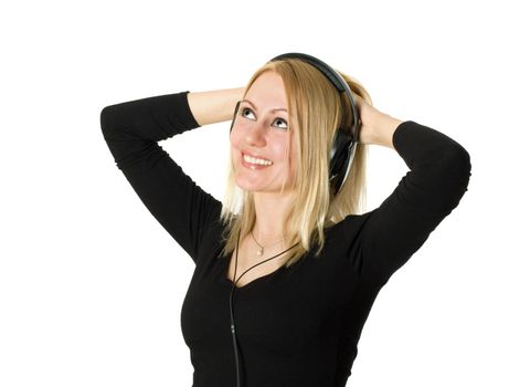 Woman listening to music, isolated on white