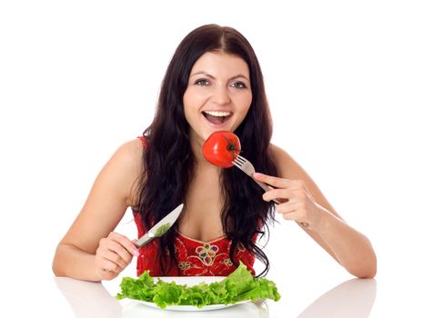 Woman with plate of salad and tomato, isolated on white.