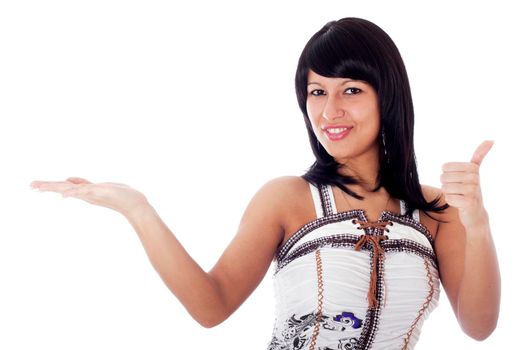 Woman with empty hand as if holding something - you can add your object there - and showing ok sign, isolated on white.