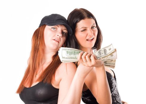 Sexy dressed woman with dollars isolated