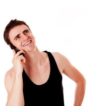 Man with mobile phone. Sure he gets good news. Isolated on white.