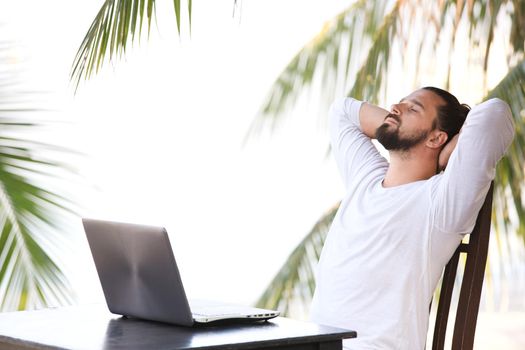 telecommuting, businessman relaxing on the beach with laptop and palm, freelancer workplace, dream job