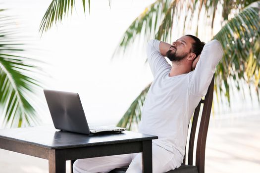 telecommuting, businessman relaxing on the beach with laptop and palm, freelancer workplace, dream job