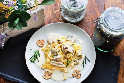 Tagliatelle vegetarian Pasta Dish with Mushrooms - Stock image