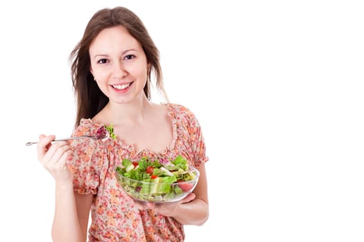 Happy Woman with bowl of salad have fan, isolated on white.