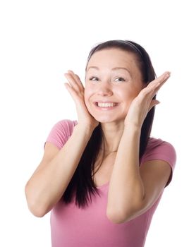 Close-up of a young woman looking surprised on white background