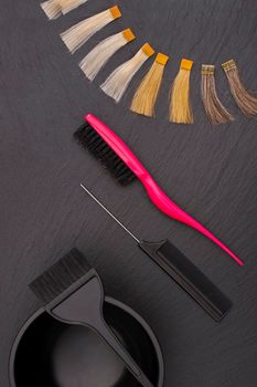 Hairdresser Accessories for coloring hair and Extensions colors on a black background