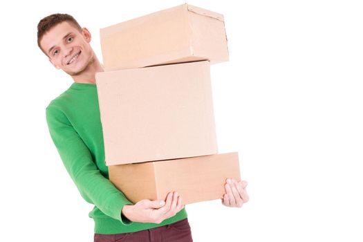 Young delivery man behind the boxes. so funny. isolated white background. Sitting on the floor