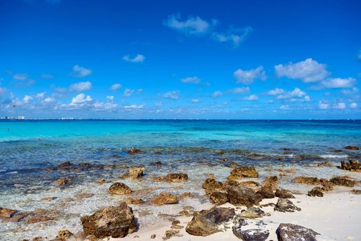 The coastline of white sand and rocks. Caribean sea.