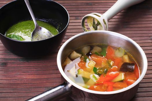 Tuscan vegetable soup with basil pesto and Blender