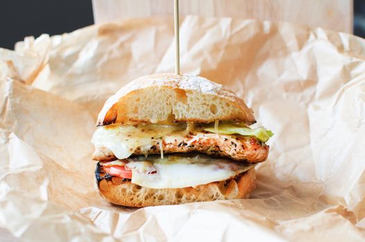 Homemade hamburger or cheeseburger with fresh vegetables