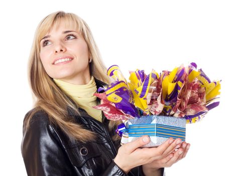 Female person holds gift in her hands, isolated on white