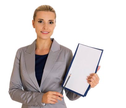 Business woman taking document, notebook for notes, and points at something with a pencil, isolated on white.