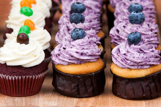 Row of Set Delicious cupcakes with berries