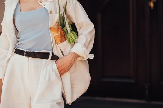 Unrecognisable Stylish Woman Holding Shopping the Eco Bag with Groceries Outdoors, Copy Space