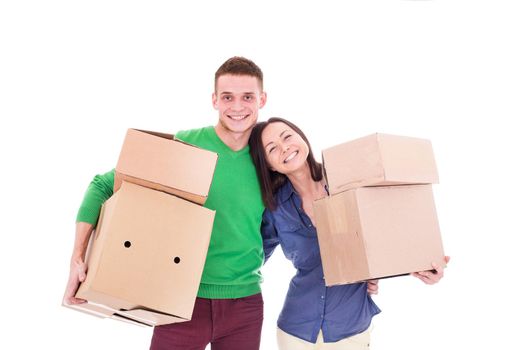 Happy smiling delivery man and woman carrying boxes isolated on white background. Couple have shopping order