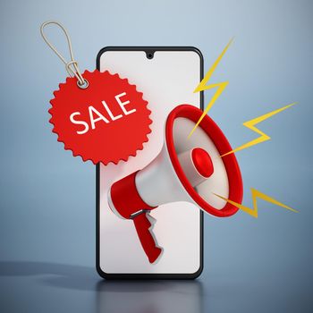 Megaphone, smartphone and sale tag. 3D illustration.