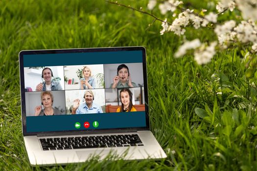 Video Conference Webinar Online Call Meeting On Laptop in a flower garden.