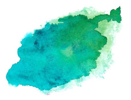 Abstract blue green gradient watercolor splash texture isolated on white background. Bright gradient paint stain drops. Abstract illustration, banner, poster for text, decoration element