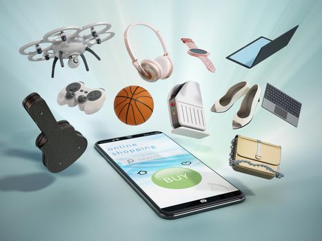 Smartphone with online shopping interface and objects floating in the air. 3D illustration.