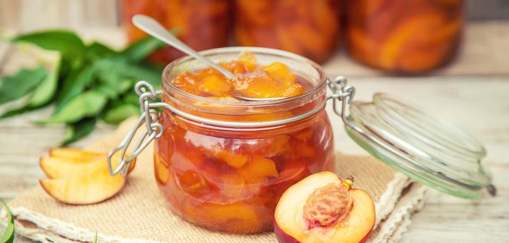 Preservation of nectarine jam. Selective focus. nature