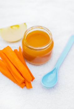 Baby food. Mashed vegetables and fruits in jars. Selective focus. nature.