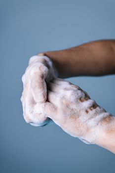 step by step procedure for correct hand washing for proper disinfection, step five, virus and bacteria prevention concept, vertical photo, copy space for text