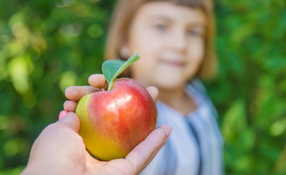 child with an apple in the garden. Selective focus.