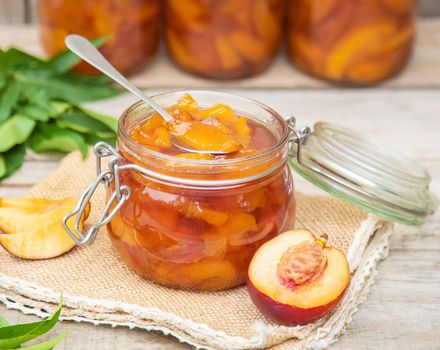 Preservation of nectarine jam. Selective focus. nature